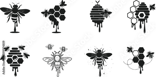 Black bee and honeycomb dripping honey on white background insect