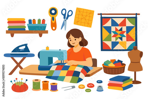 Woman sewing a colorful quilt on a sewing machine surrounded by crafting supplies