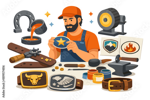 Craftsman creating custom belt buckles and metalwork with various tools and materials