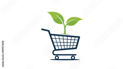 Green consumerism concept showing a dark blue shopping cart with a large green plant sprout growing from it against white.