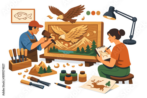 Artists creating wood carvings of eagles and landscapes, surrounded by tools and inspiration