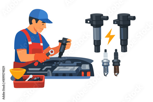 Mechanic working on car engine, replacing ignition coils and spark plugs for maintenance