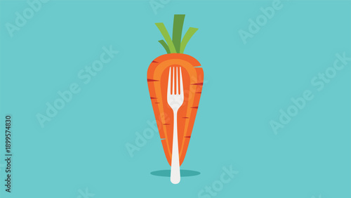 Healthy eating illustration featuring an orange carrot with a white fork silhouette inside, set against a blue background.