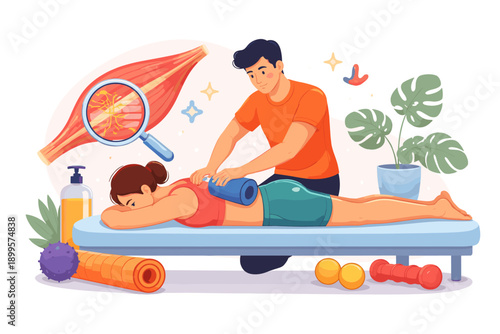 Therapist performs massage on patient using foam roller for muscle recovery and pain relief