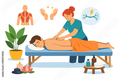 Therapist giving a relaxing back massage to a man on a massage table, promoting wellness