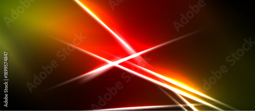 Abstract vibrant lines intersect. Red, orange, yellow hues dominate dark background. Dynamic energy radiates from central point.
