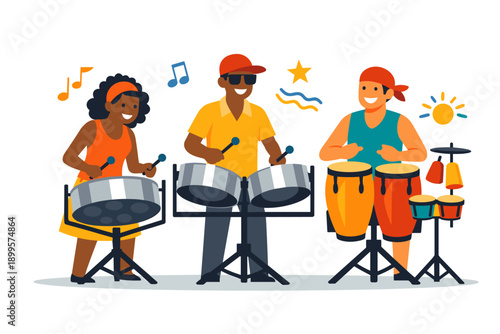 Diverse group of musicians playing steel drums and congas in a vibrant outdoor setting