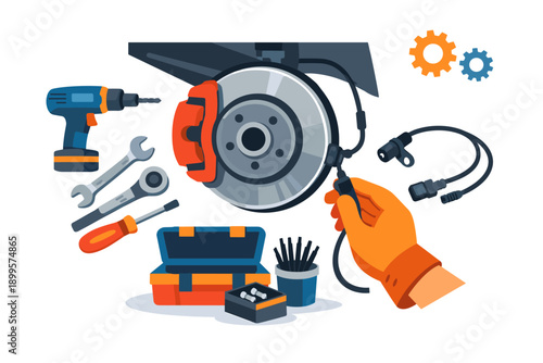 Car brake repair and maintenance with tools and parts illustration