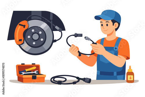 Mechanic holding a car brake sensor cable near a vehicle's brake assembly