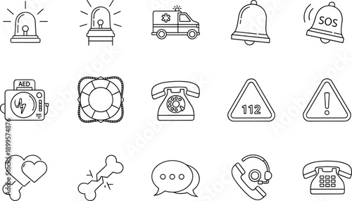 Emergency service line icons collection featuring siren ambulance lifebuoy bell and medical equipment for safety aids
