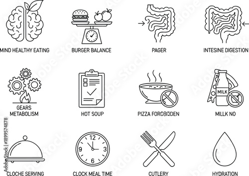 Healthy eating and digestion line icons collection featuring brain nutrition burger balance and forbidden food symbols