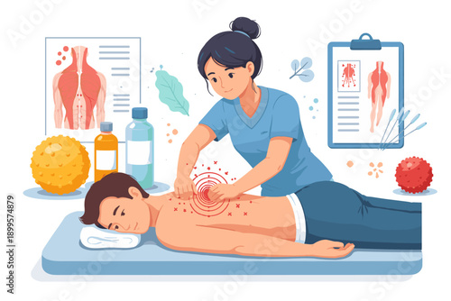 Therapist performs massage on patient's back, showing pain points and treatment tools