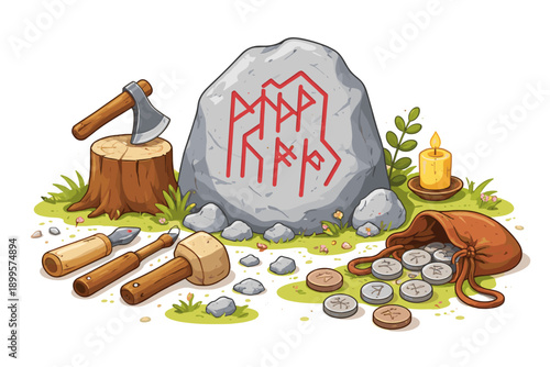 Ancient runes carved on stone with divination tools and a candle