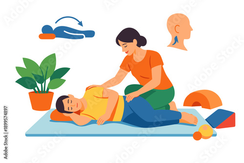 Physical therapist assisting patient with gentle spinal adjustment and neck alignment