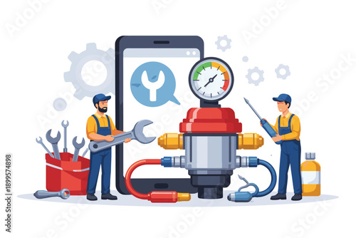 Technicians performing maintenance on industrial equipment with a smartphone interface