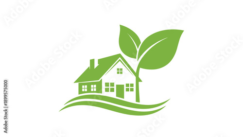 Eco-friendly home emblem featuring a green house outline with two large leaves, set on stylized green waves in the foreground.