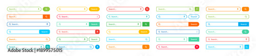 Various search bar templates. Internet browser engine with search box, address bar and text field. UI design, website interface element with web icons and push button. Vector illustration