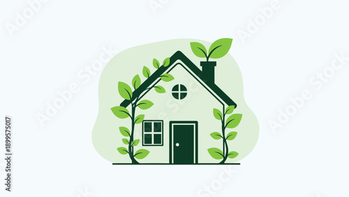 Green architecture concept showing a dark green house covered in climbing plants with a sprout coming from the chimney.