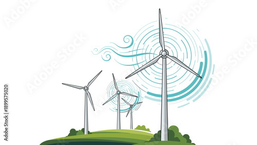 Wind energy illustration featuring several wind turbines on a green grassy hill with blue wind swirls in the air.