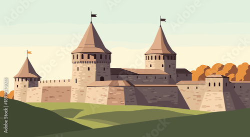 Medieval castle with towers on a green landscape in flat art style