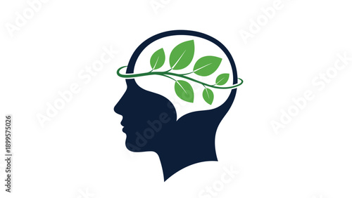Ecological mindset illustration featuring a dark blue human head profile with a green leafy plant branch inside the brain area.