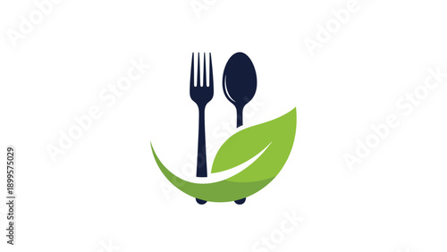 Eco-friendly dining logo featuring a dark blue fork and spoon silhouette partially enclosed by a large green leaf.