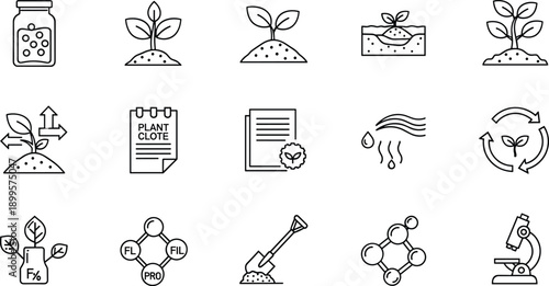 Plant growth icons collection showing seedling sprout jar soil water and microscope for science research