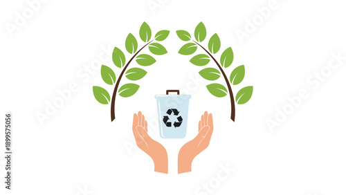 Human hands protecting a blue recycling bin with recycle symbol under leaf branches representing environmental care and waste management.