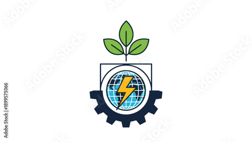 Eco-friendly energy concept with globe, lightning bolt, gear, and green leaves on white background for sustainable industrial development.