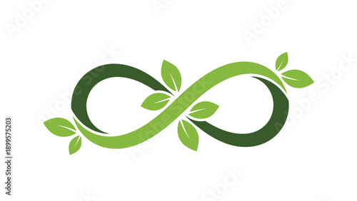 Infinity symbol intertwined with green leaves representing eternal life, sustainability, and the continuous cycle of nature.