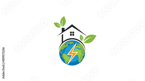 House on top of planet earth with a lightning bolt symbol and green leaves for global sustainable energy and green home solutions concepts.