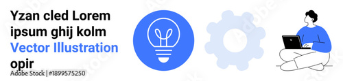 Innovation, remote work, technology, creativity, productivity, planning processes. Circular light bulb icon, gear silhouette and seated person on laptop. Innovation and remote work concept