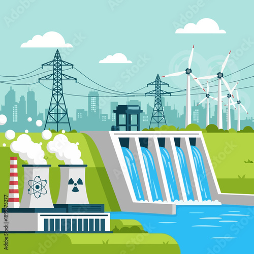 Nuclear Power Plant with Renewable Energy.