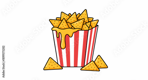 Delicious vector illustration of nachos with melted cheese in a striped bucket for snack time