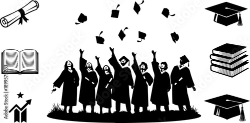 Graduation Silhouette of Students Throwing Caps. High School and University Graduate Success and Achievement Celebration Vector Elements.