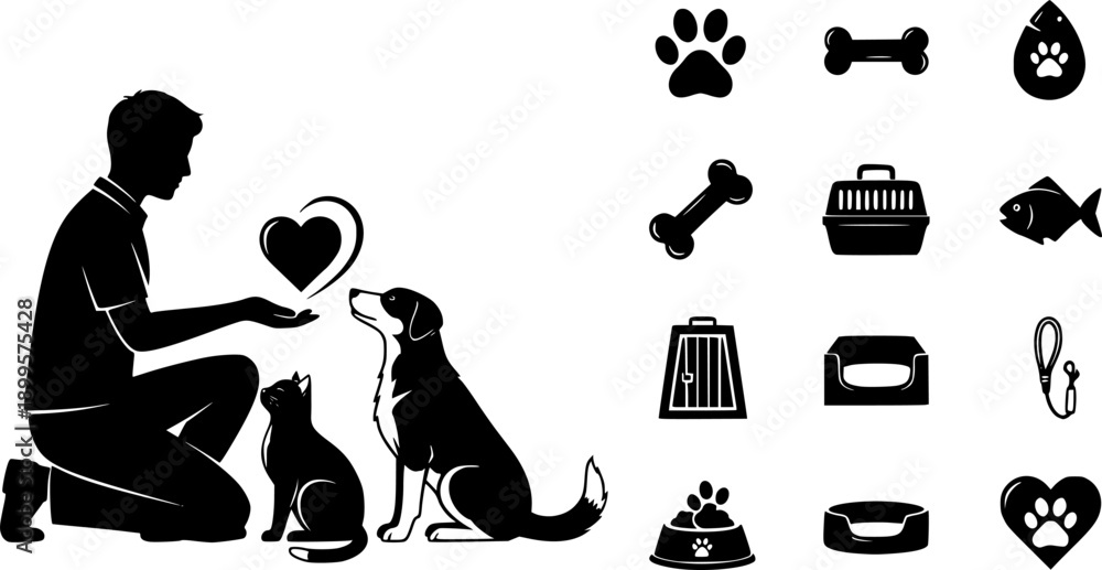 Fototapeta premium Pet Adoption Silhouette. Human with Dog and Cat and Heart Shape. Animal Rescue, Veterinary Care, and Pet Ownership Companion Vector Illustration.