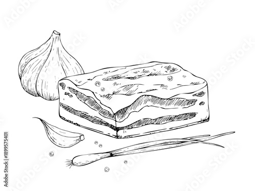 Vector lard with fresh whole garlic and clove, peppercorn, green onion and pepper. Graphic ink pork Pork belly illustration, isolated on background. Hand drawn line sketch. For designers, prints, logo