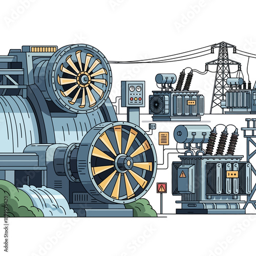 Hydroelectric Power Plant Turbines and Transformers.