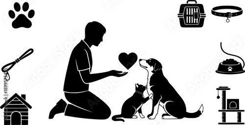 Pet Adoption Silhouette. Human with Dog and Cat and Heart Shape. Animal Rescue, Veterinary Care, and Pet Ownership Companion Vector Illustration.