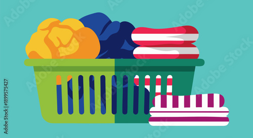 Colorful Laundry Basket Vector Illustration with Stacked Towels and Clothes, Household Chores and Cleaning Concept