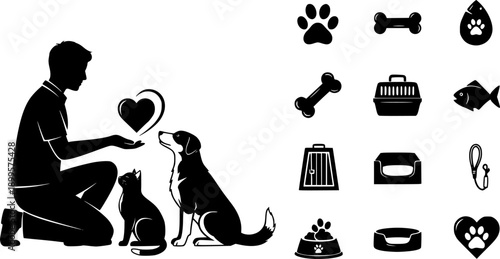 Pet Adoption Silhouette. Human with Dog and Cat and Heart Shape. Animal Rescue, Veterinary Care, and Pet Ownership Companion Vector Illustration.