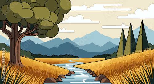 Peaceful Meadow Landscape Vector Illustration with River and Mountains Under a Cloudy Sky