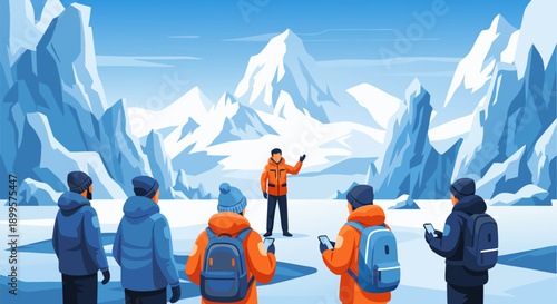 Vector illustration of a group of tourists on an arctic expedition with a guide, exploring icy mountains and landscapes