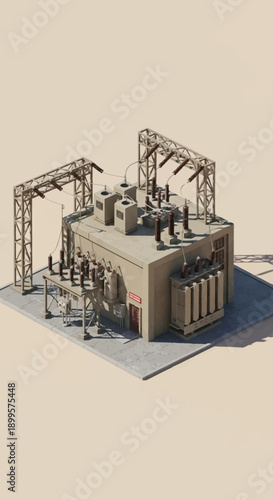 Electrical substation with transformers and towers.