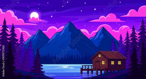 Enchanting Mountain Lake Cabin at Dusk A Stunning Vector Illustration