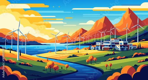 Vibrant vector illustration of a renewable energy landscape with wind turbines and a modern villa, capturing the essence of sustainable living