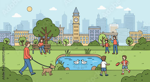 Vibrant vector illustration of a family enjoying a sunny day in a city park with a pond and ducks, depicting leisure and nature's beauty, eps