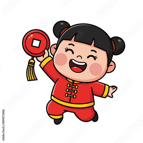 Little Asian girl in red outfit.