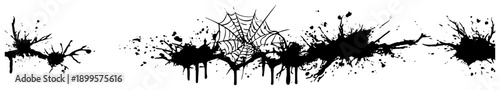 Horizontal black grunge border featuring artistic ink splatters and a spider web