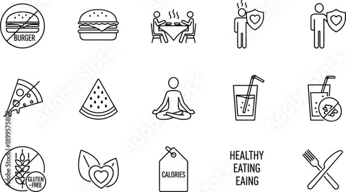 Healthy lifestyle diet icons including gluten free options yoga meditation calories tracking and nutritious foods